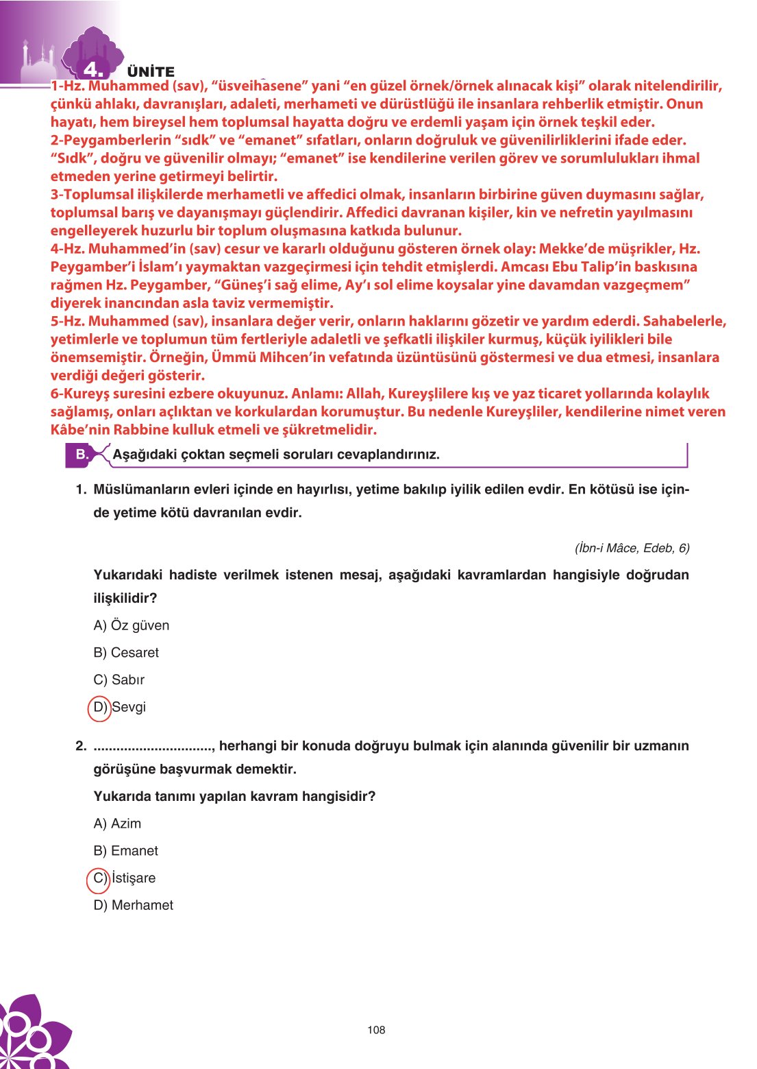 8. Sınıf Din Kültürü Ve Ahlak Bilgisi Ders Kitabı Sdr İpekyolu Yayınları Sayfa 108 Cevapları