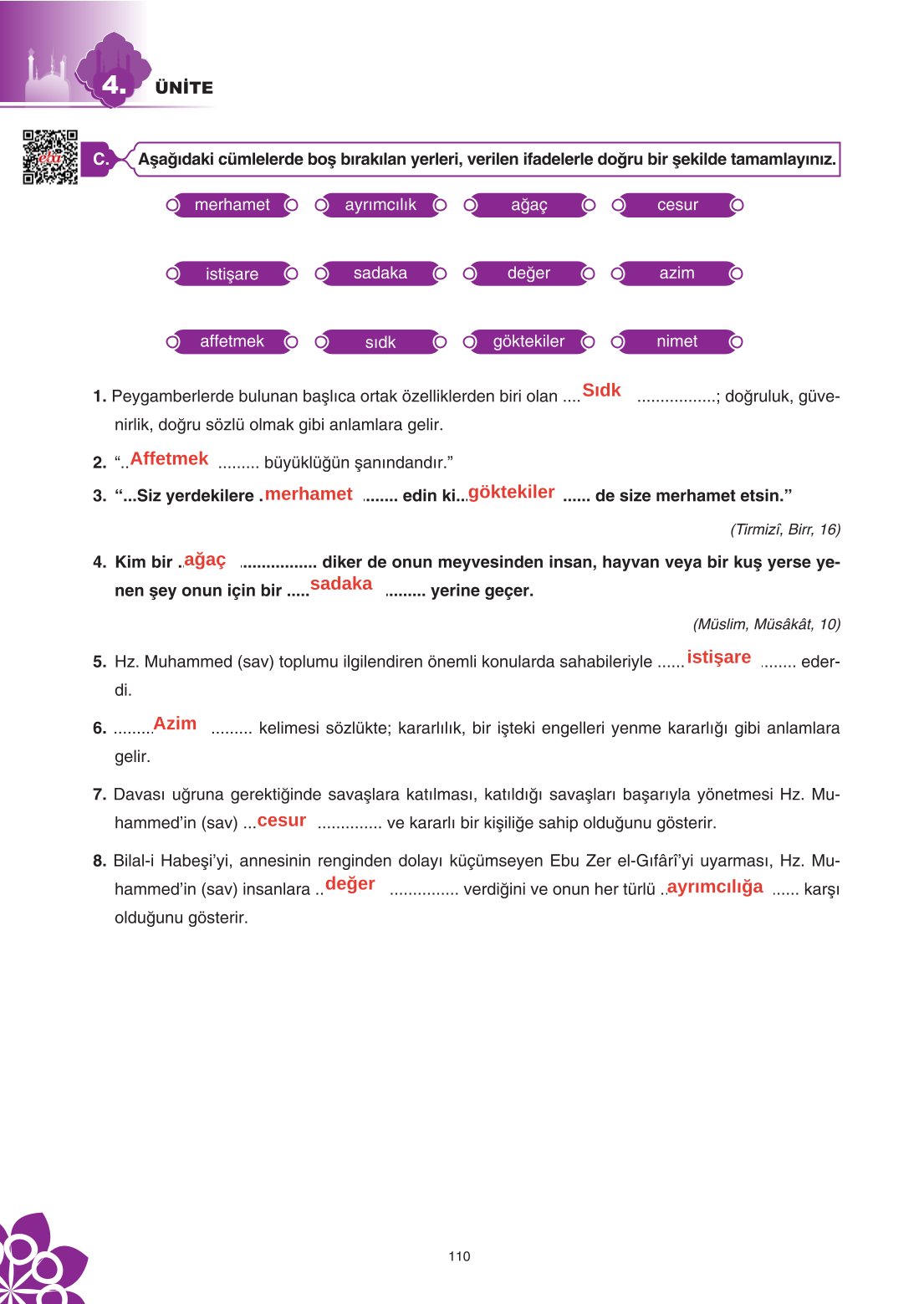 8. Sınıf Din Kültürü Ve Ahlak Bilgisi Ders Kitabı Sdr İpekyolu Yayınları Sayfa 110 Cevapları