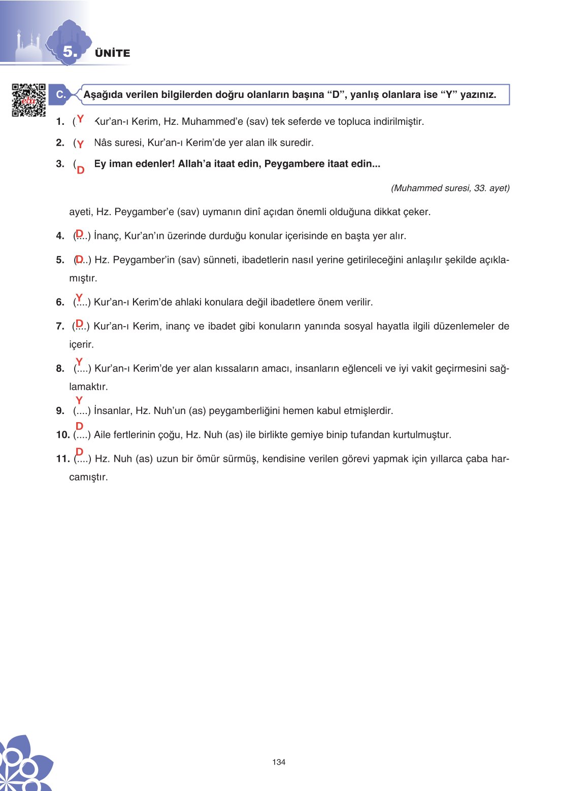 8. Sınıf Din Kültürü Ve Ahlak Bilgisi Ders Kitabı Sdr İpekyolu Yayınları Sayfa 134 Cevapları