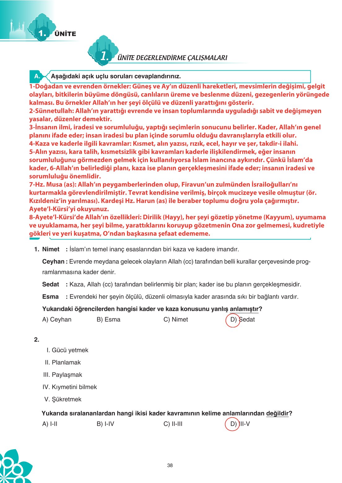 8. Sınıf Din Kültürü Ve Ahlak Bilgisi Ders Kitabı Sdr İpekyolu Yayınları Sayfa 38 Cevapları