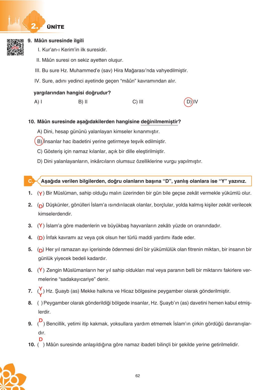 8. Sınıf Din Kültürü Ve Ahlak Bilgisi Ders Kitabı Sdr İpekyolu Yayınları Sayfa 62 Cevapları