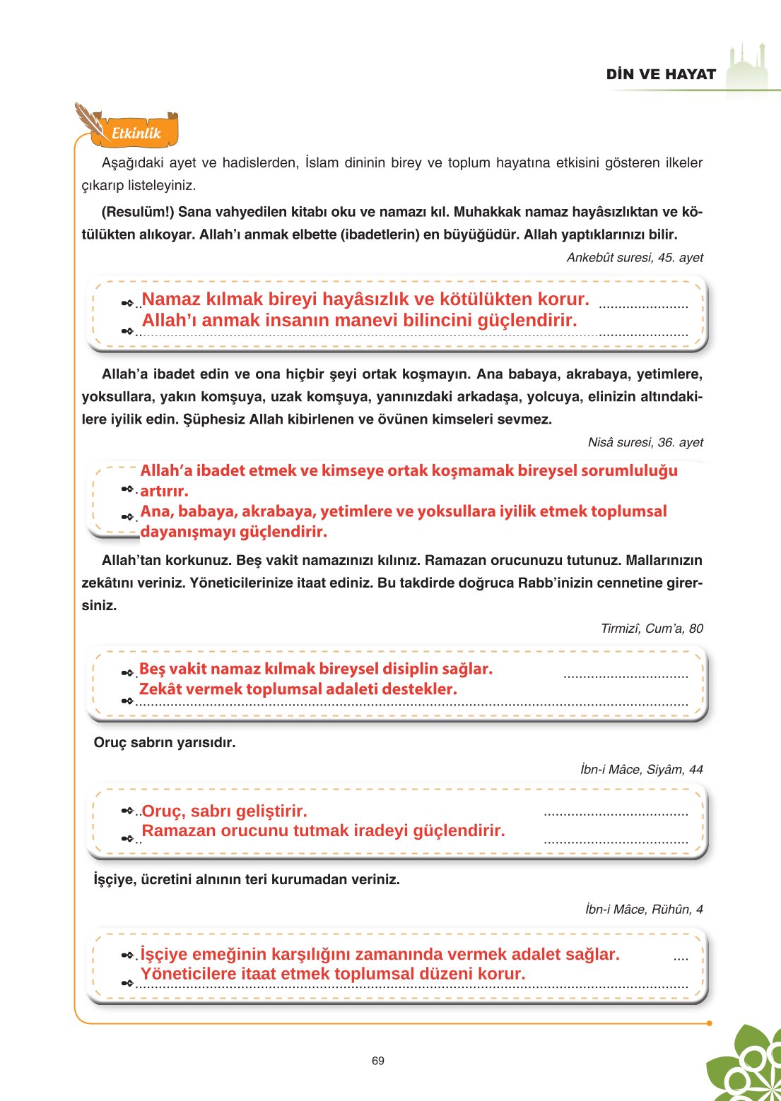 8. Sınıf Din Kültürü Ve Ahlak Bilgisi Ders Kitabı Sdr İpekyolu Yayınları Sayfa 69 Cevapları