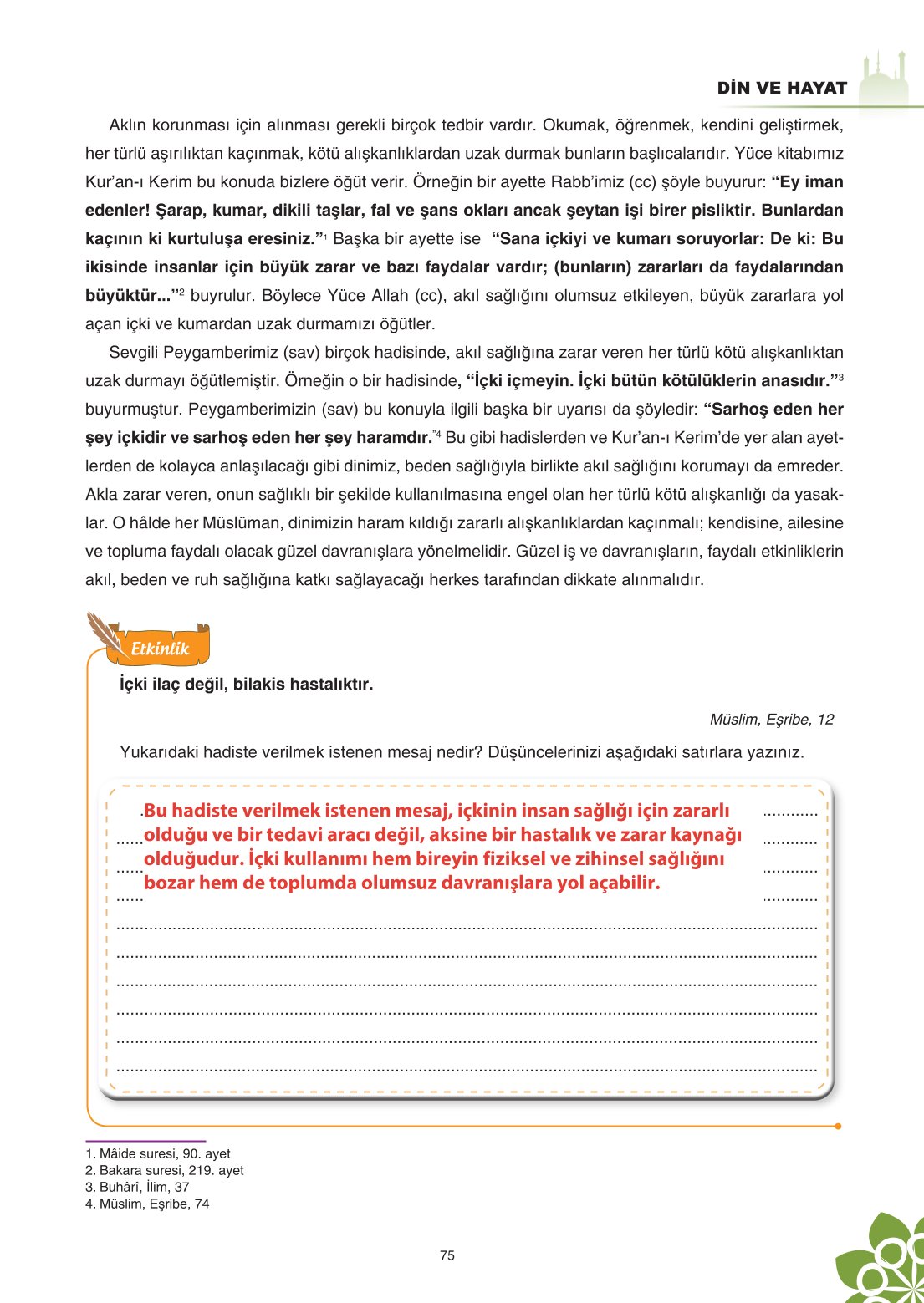 8. Sınıf Din Kültürü Ve Ahlak Bilgisi Ders Kitabı Sdr İpekyolu Yayınları Sayfa 75 Cevapları