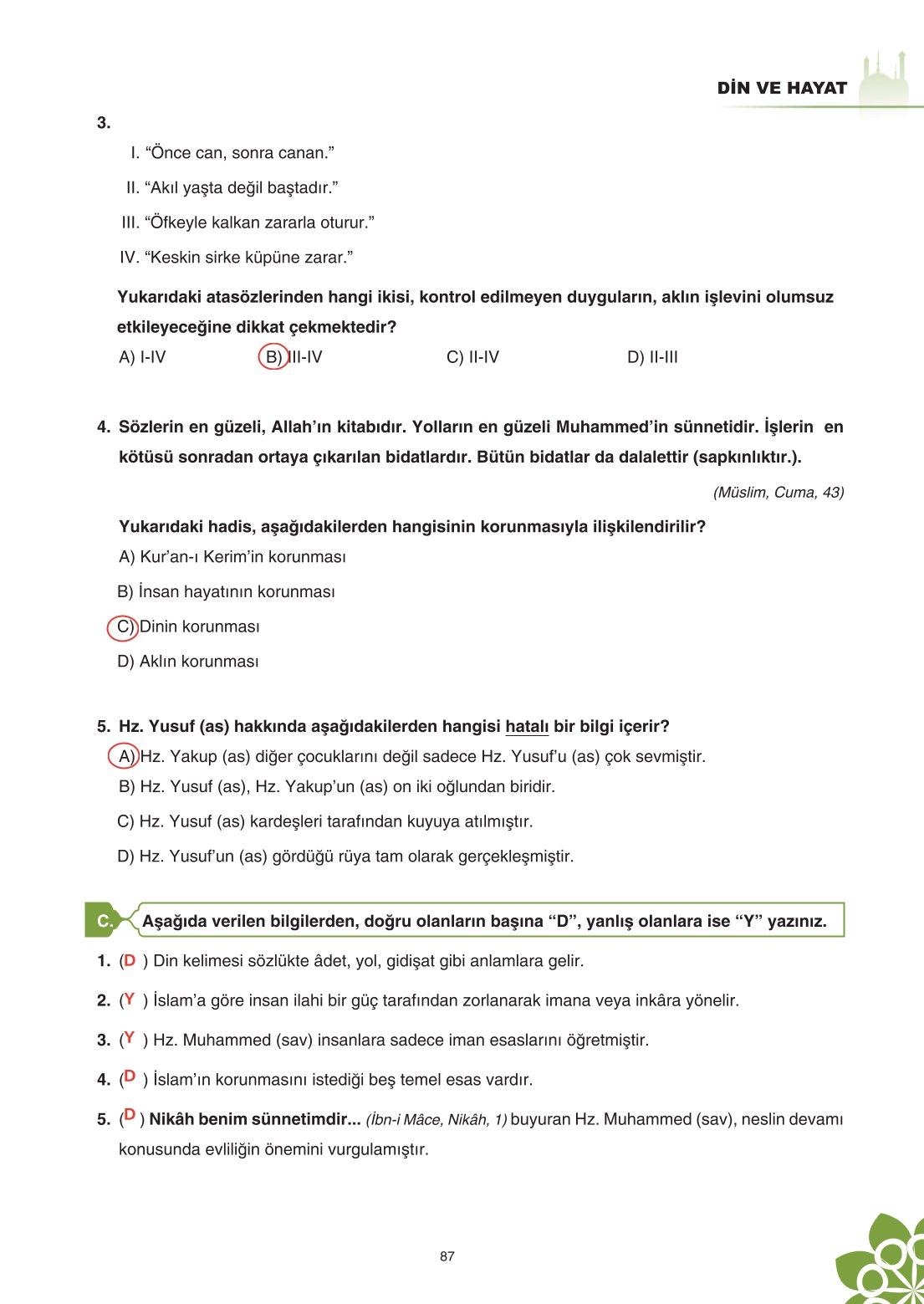 8. Sınıf Din Kültürü Ve Ahlak Bilgisi Ders Kitabı Sdr İpekyolu Yayınları Sayfa 87 Cevapları