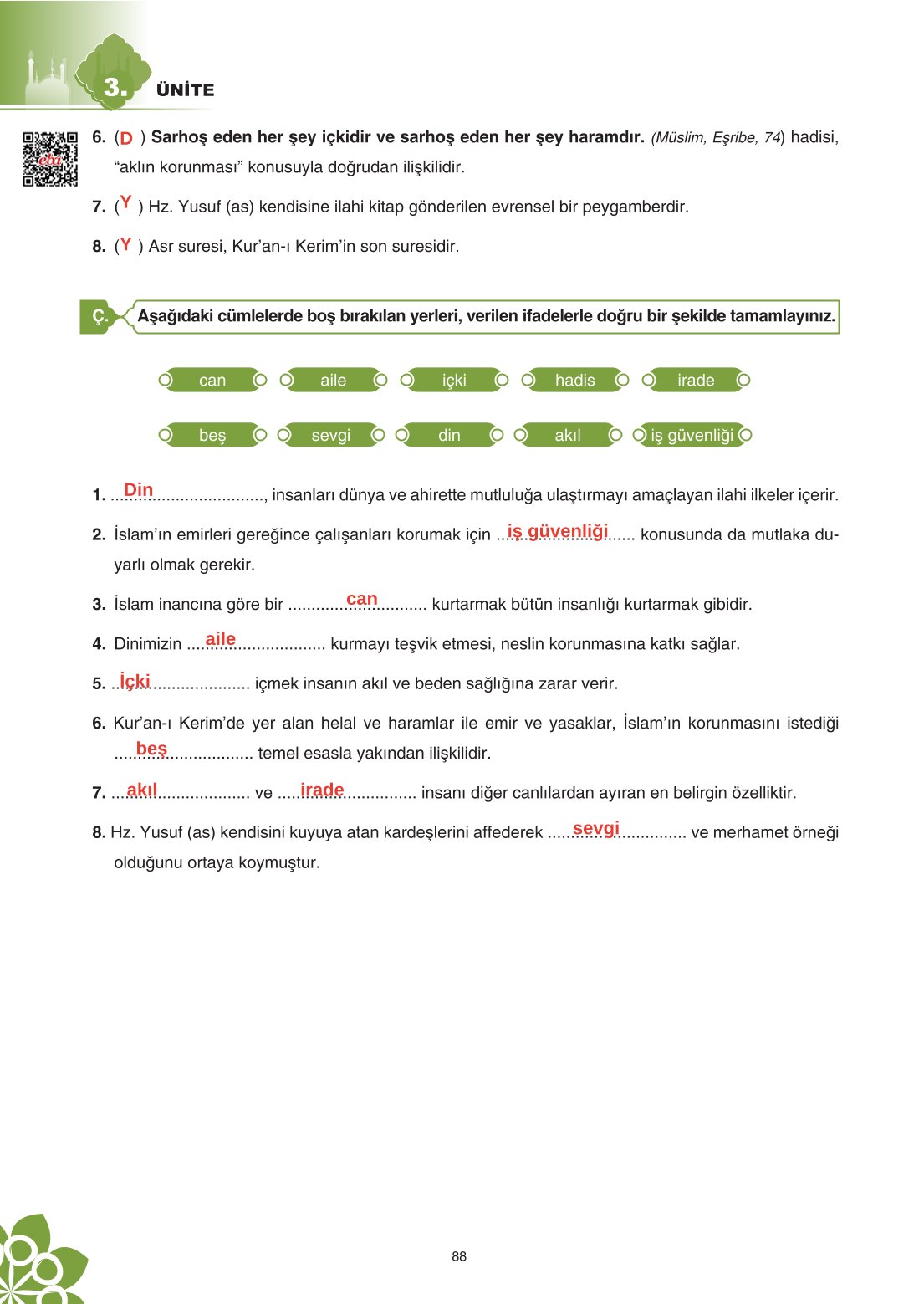 8. Sınıf Din Kültürü Ve Ahlak Bilgisi Ders Kitabı Sdr İpekyolu Yayınları Sayfa 88 Cevapları