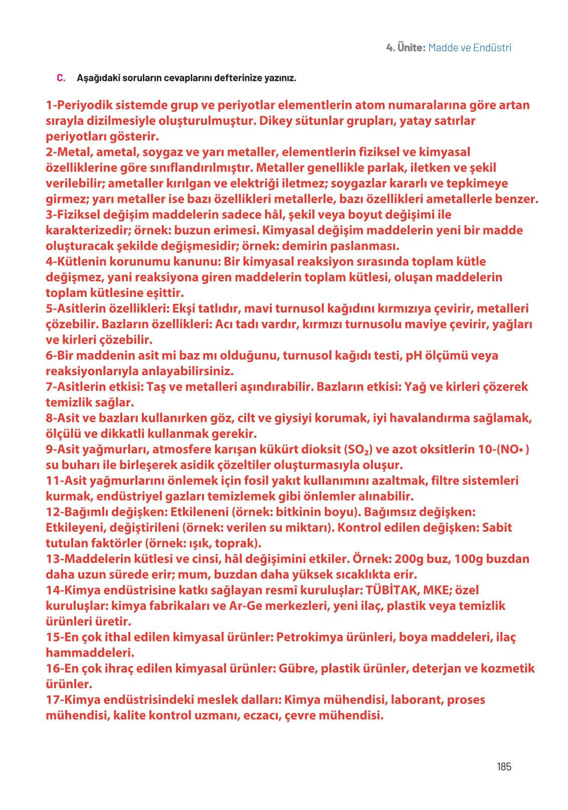 8. Sınıf Fen Bilimleri Ders Kitabı Hecce Yayınları Sayfa 185 Cevapları