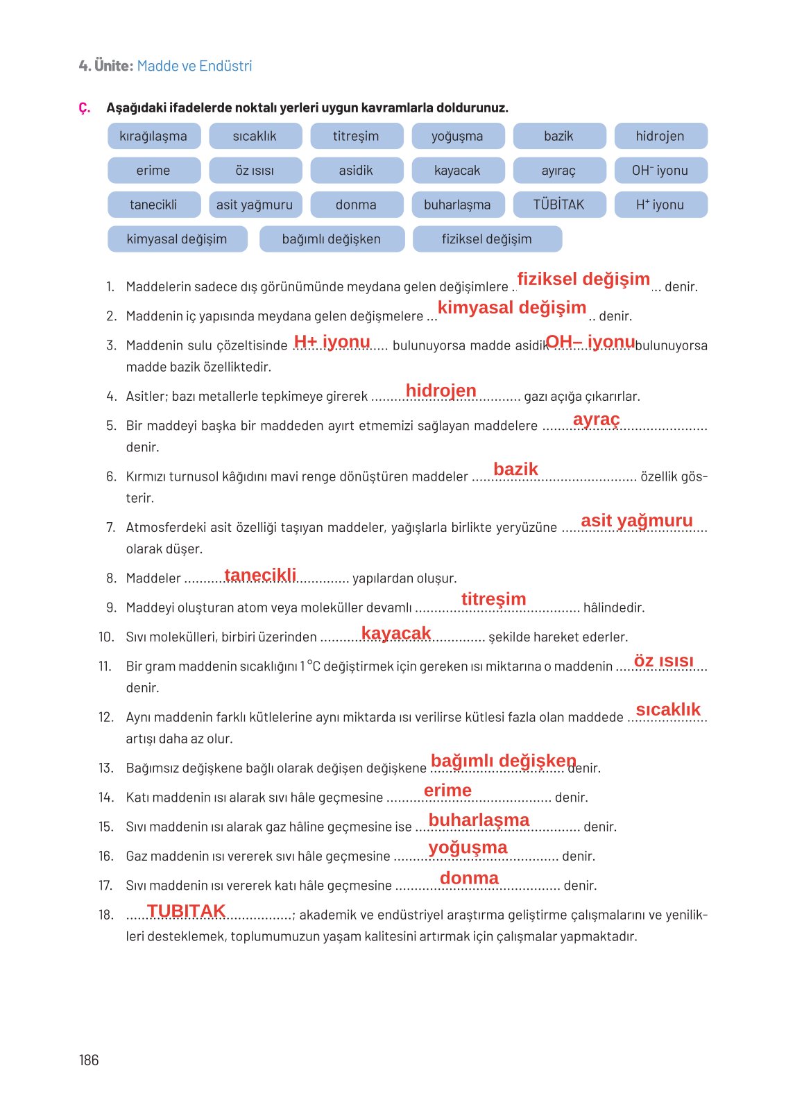 8. Sınıf Fen Bilimleri Ders Kitabı Hecce Yayınları Sayfa 186 Cevapları