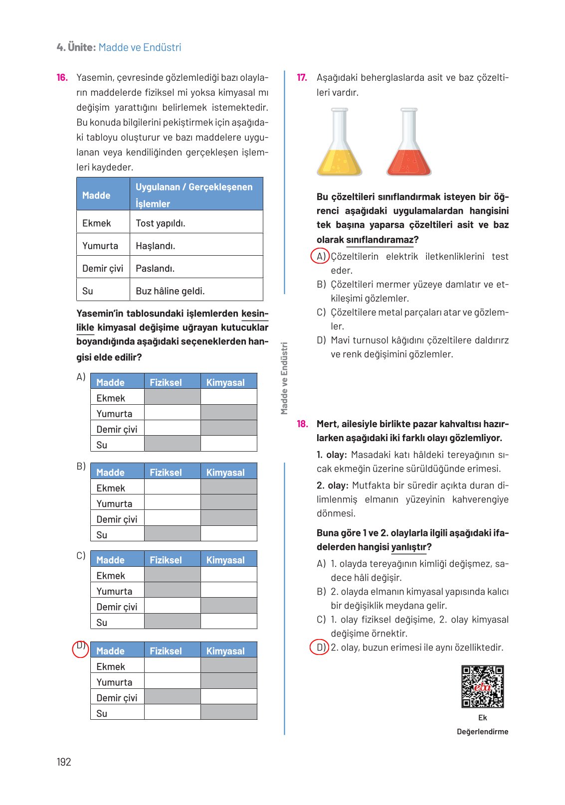 8. Sınıf Fen Bilimleri Ders Kitabı Hecce Yayınları Sayfa 192 Cevapları