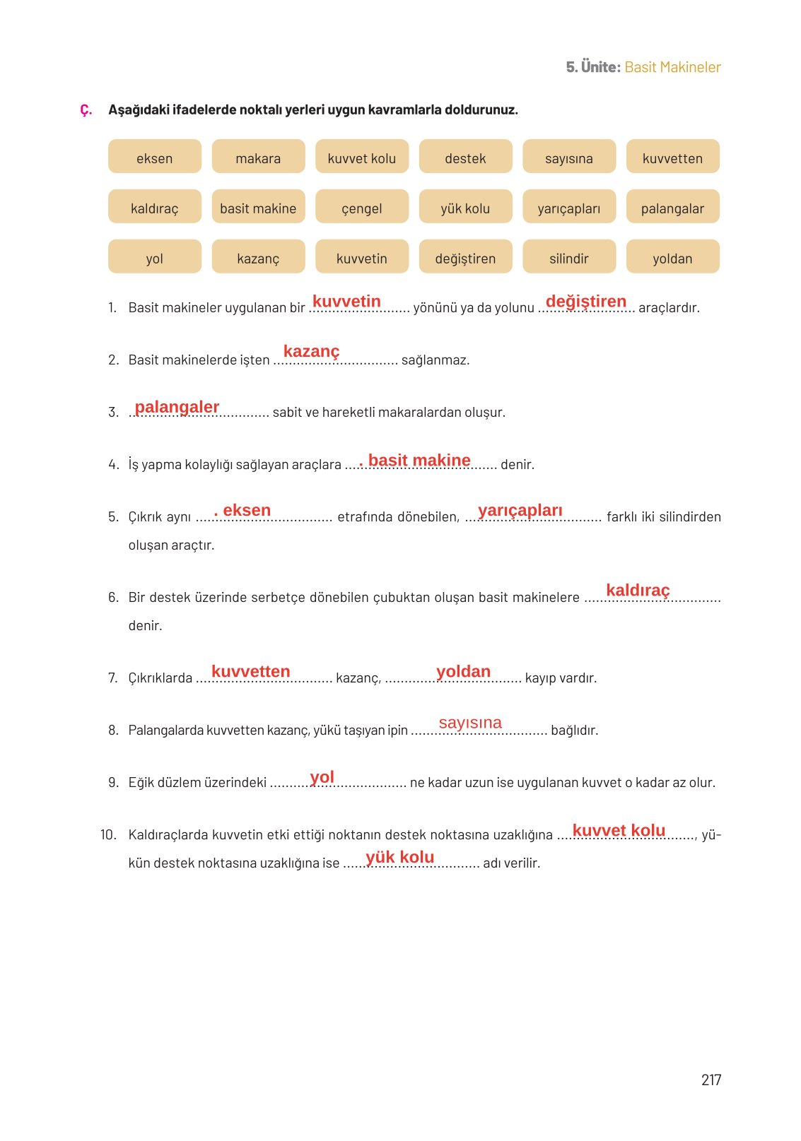 8. Sınıf Fen Bilimleri Ders Kitabı Hecce Yayınları Sayfa 217 Cevapları