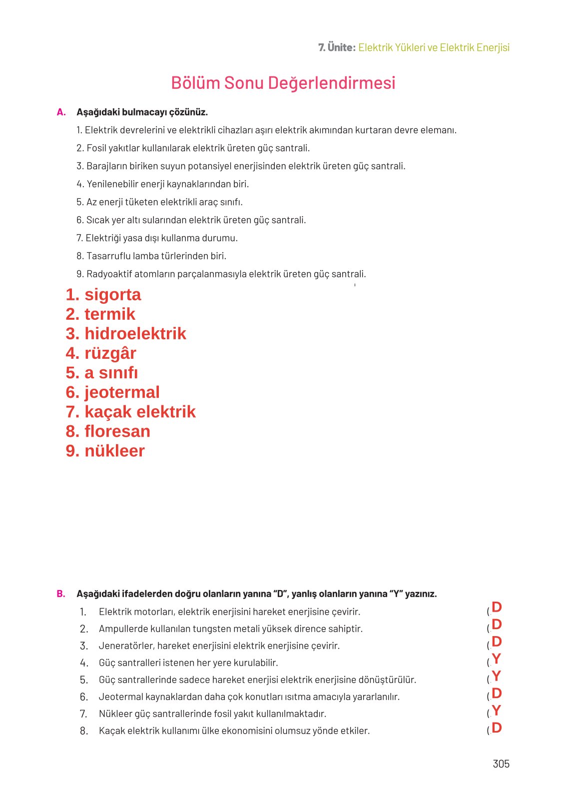 8. Sınıf Fen Bilimleri Ders Kitabı Hecce Yayınları Sayfa 305 Cevapları