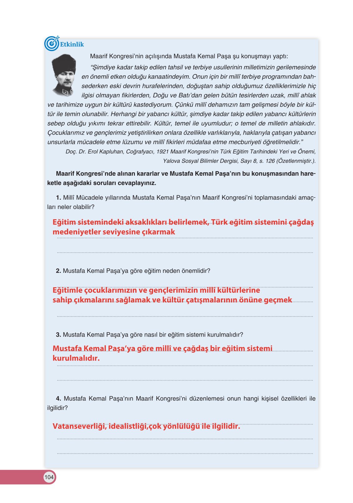8. Sınıf İnkılap Tarihi Ve Atatürkçülük Ders Kitabı Ders Destek Yayınları Sayfa 104 Cevapları