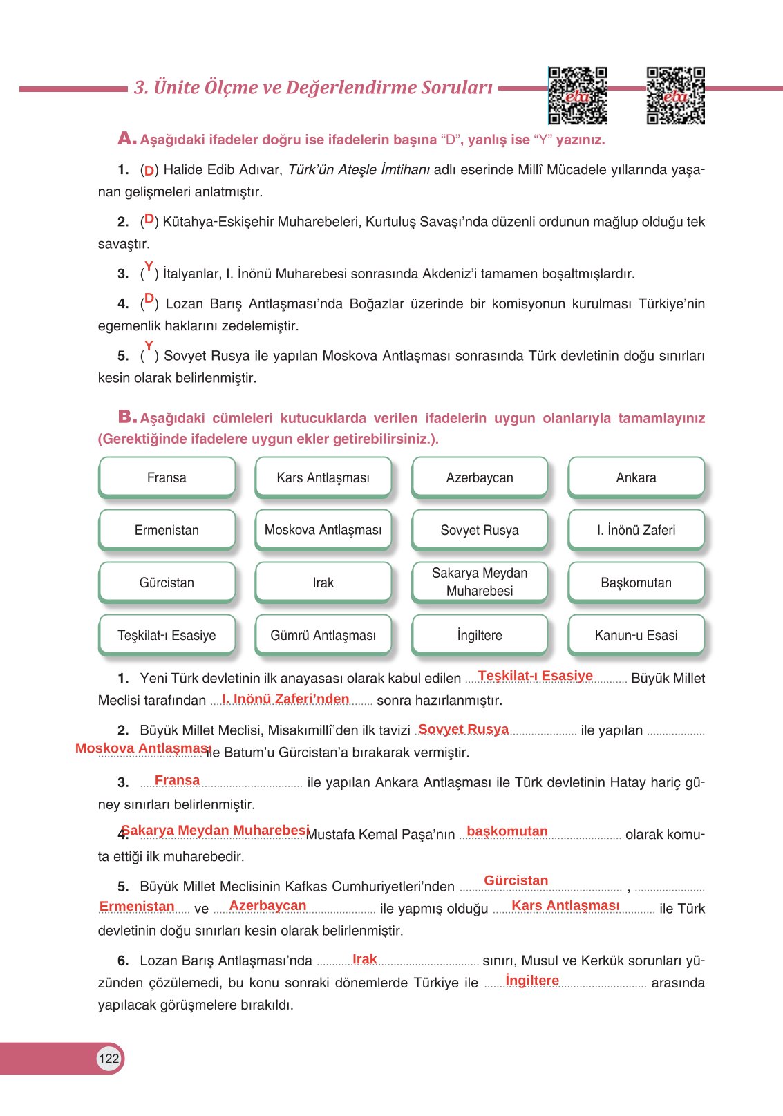 8. Sınıf İnkılap Tarihi Ve Atatürkçülük Ders Kitabı Ders Destek Yayınları Sayfa 122 Cevapları