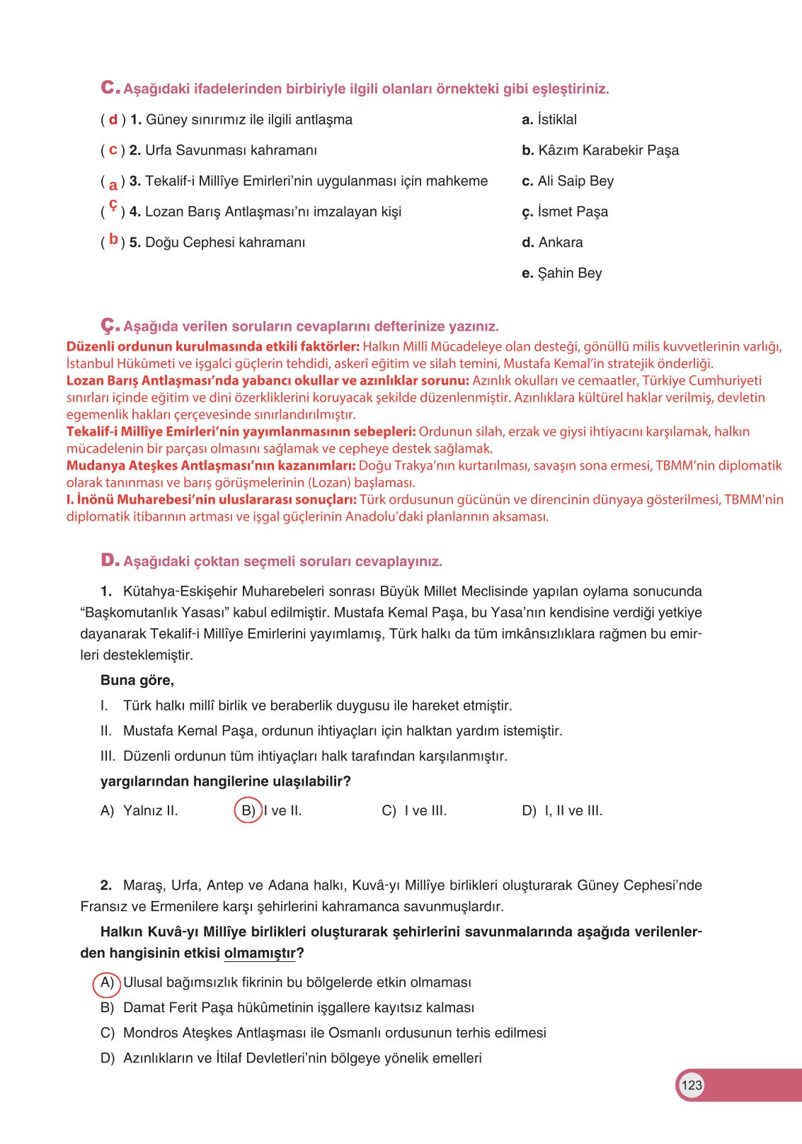 8. Sınıf İnkılap Tarihi Ve Atatürkçülük Ders Kitabı Ders Destek Yayınları Sayfa 123 Cevapları