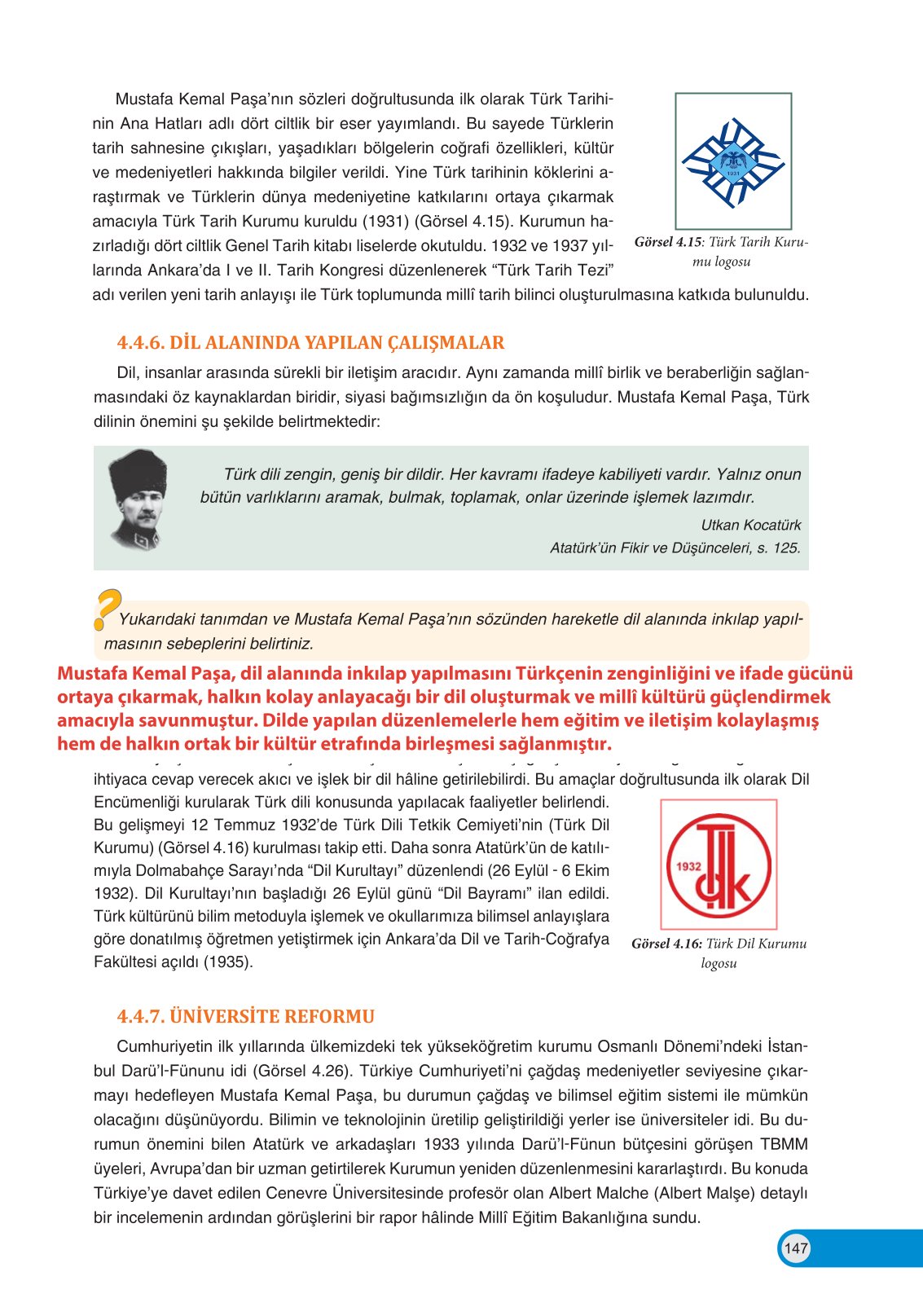 8. Sınıf İnkılap Tarihi Ve Atatürkçülük Ders Kitabı Ders Destek Yayınları Sayfa 147 Cevapları