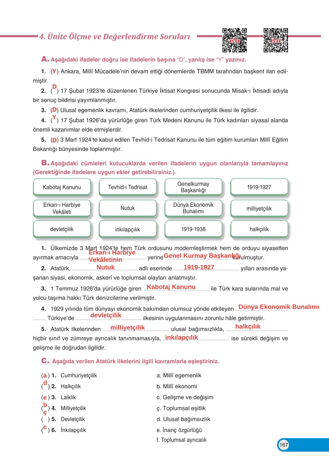 8. Sınıf İnkılap Tarihi Ve Atatürkçülük Ders Kitabı Ders Destek Yayınları Sayfa 167 Cevapları