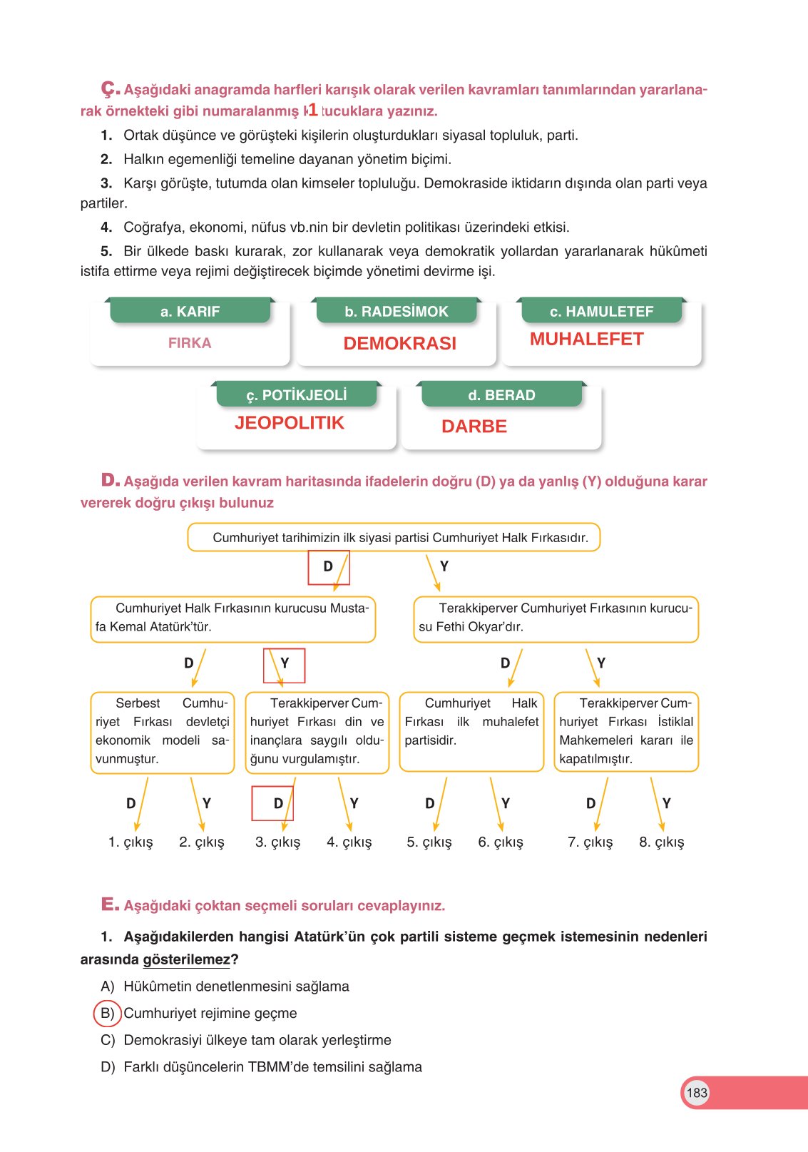 8. Sınıf İnkılap Tarihi Ve Atatürkçülük Ders Kitabı Ders Destek Yayınları Sayfa 183 Cevapları