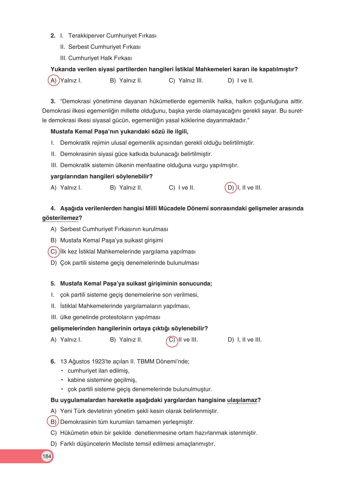 8. Sınıf İnkılap Tarihi Ve Atatürkçülük Ders Kitabı Ders Destek Yayınları Sayfa 184 Cevapları