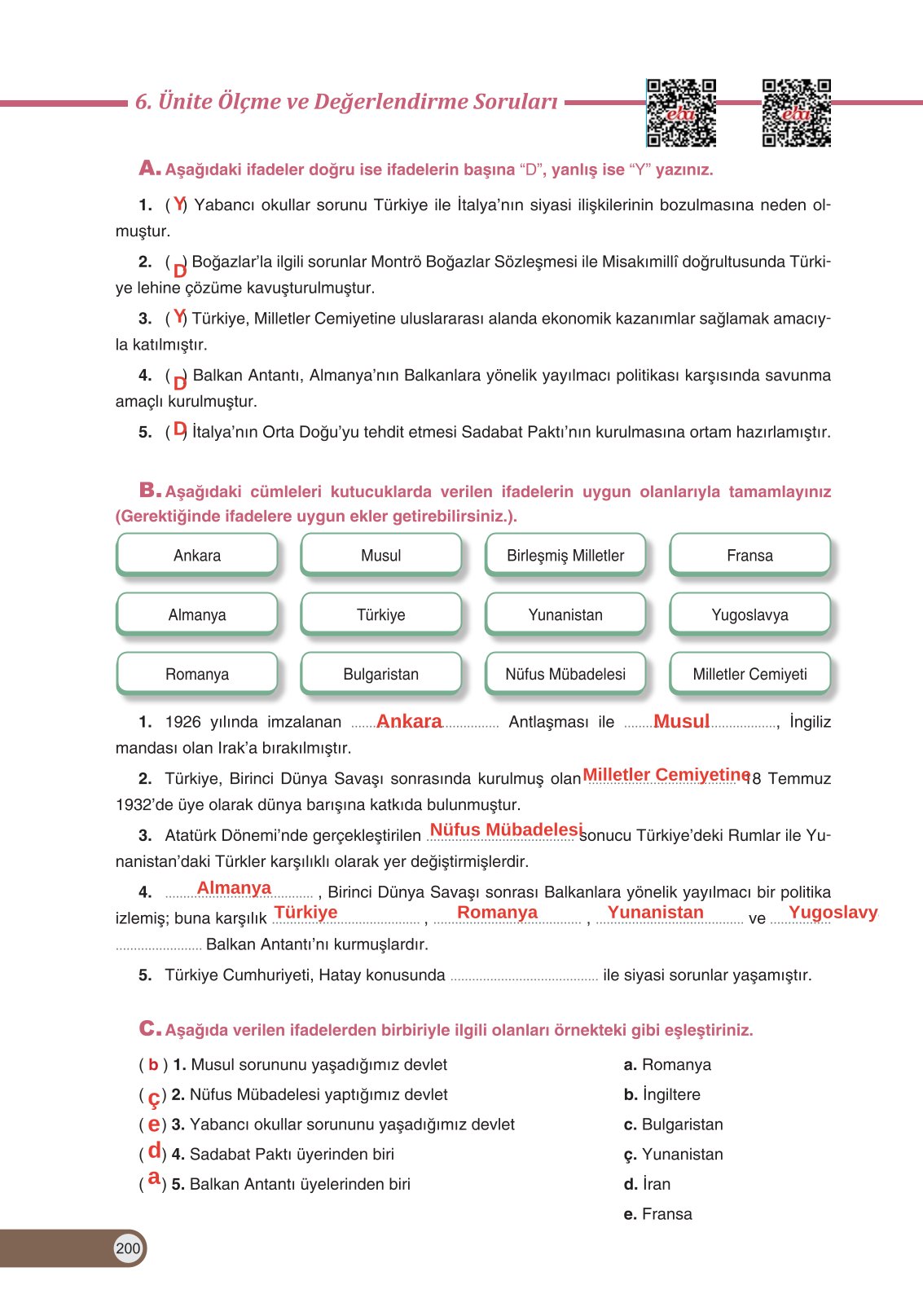 8. Sınıf İnkılap Tarihi Ve Atatürkçülük Ders Kitabı Ders Destek Yayınları Sayfa 200 Cevapları