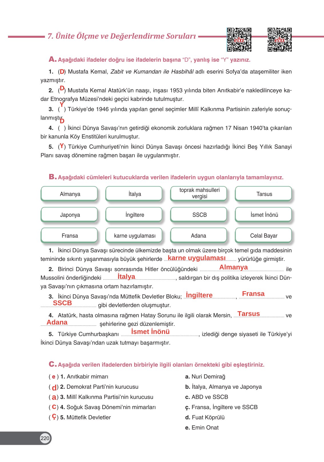 8. Sınıf İnkılap Tarihi Ve Atatürkçülük Ders Kitabı Ders Destek Yayınları Sayfa 220 Cevapları