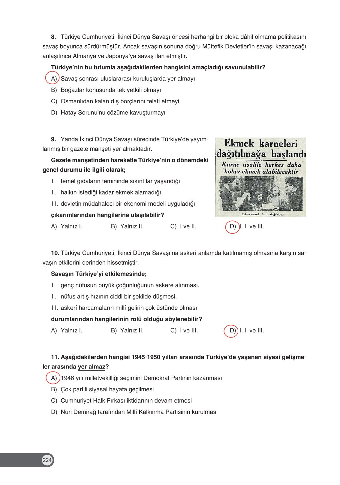 8. Sınıf İnkılap Tarihi Ve Atatürkçülük Ders Kitabı Ders Destek Yayınları Sayfa 224 Cevapları