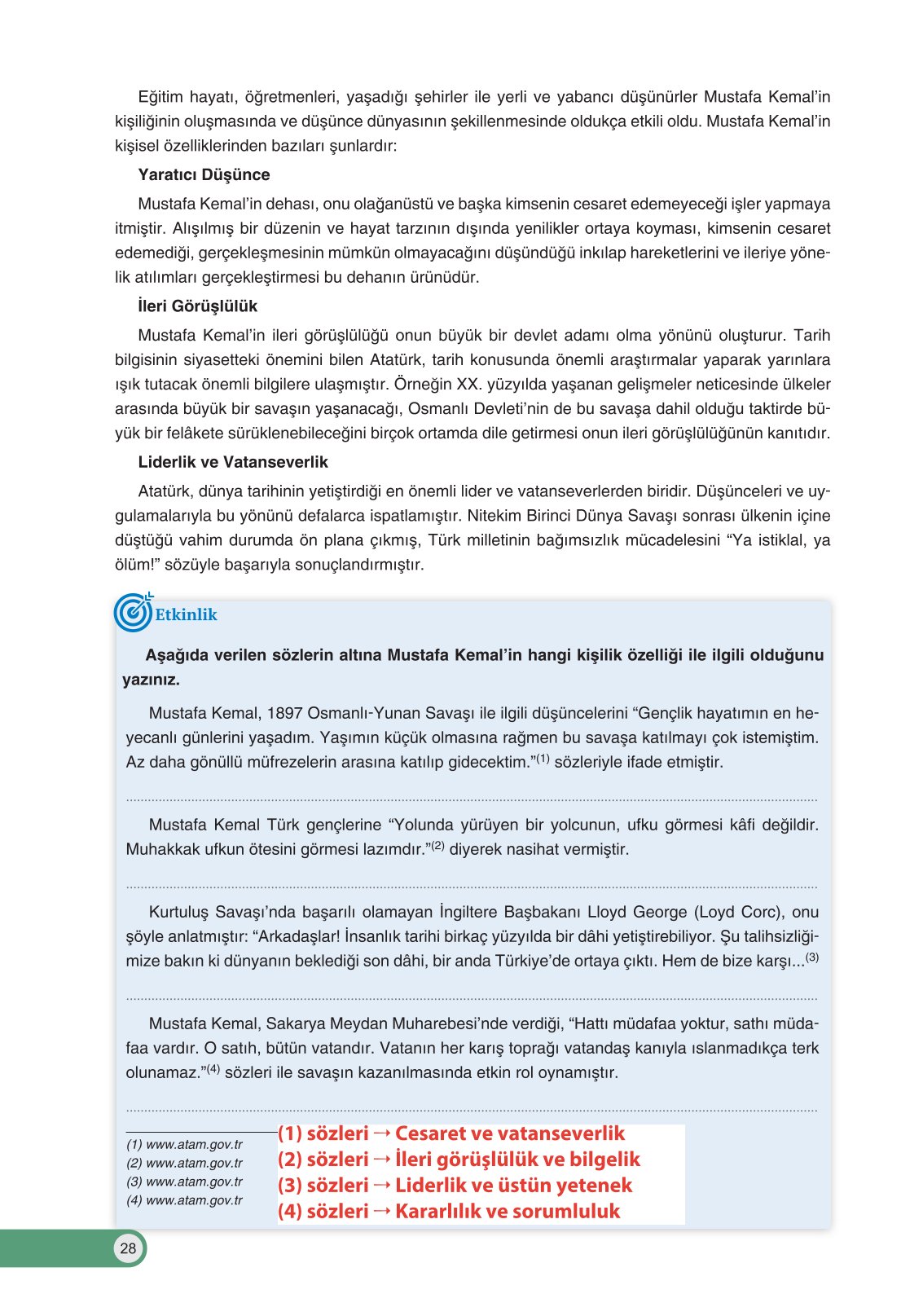 8. Sınıf İnkılap Tarihi Ve Atatürkçülük Ders Kitabı Ders Destek Yayınları Sayfa 28 Cevapları
