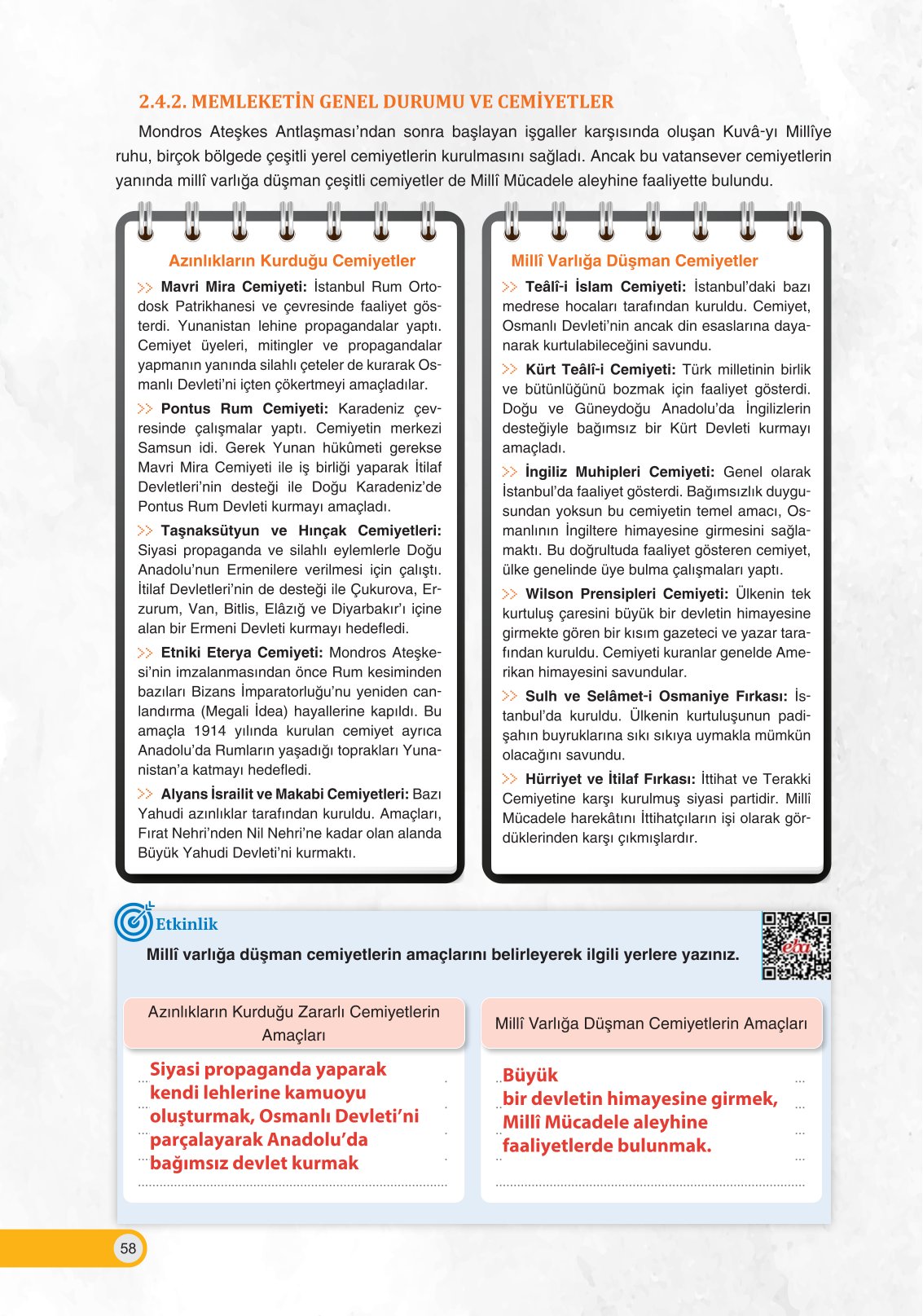 8. Sınıf İnkılap Tarihi Ve Atatürkçülük Ders Kitabı Ders Destek Yayınları Sayfa 58 Cevapları