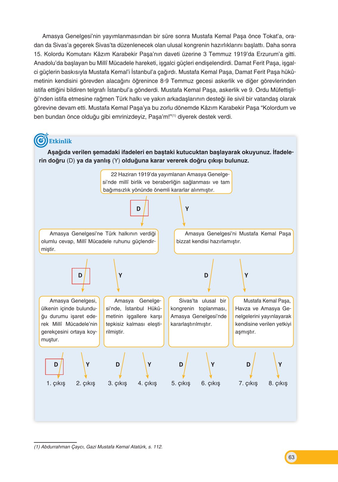 8. Sınıf İnkılap Tarihi Ve Atatürkçülük Ders Kitabı Ders Destek Yayınları Sayfa 63 Cevapları