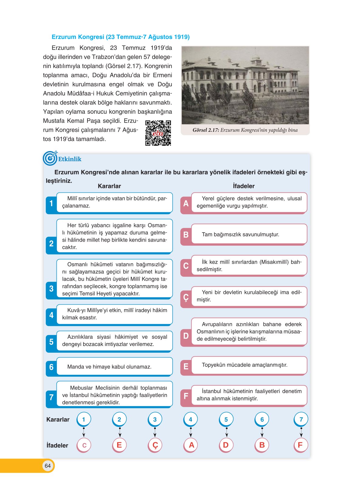 8. Sınıf İnkılap Tarihi Ve Atatürkçülük Ders Kitabı Ders Destek Yayınları Sayfa 64 Cevapları