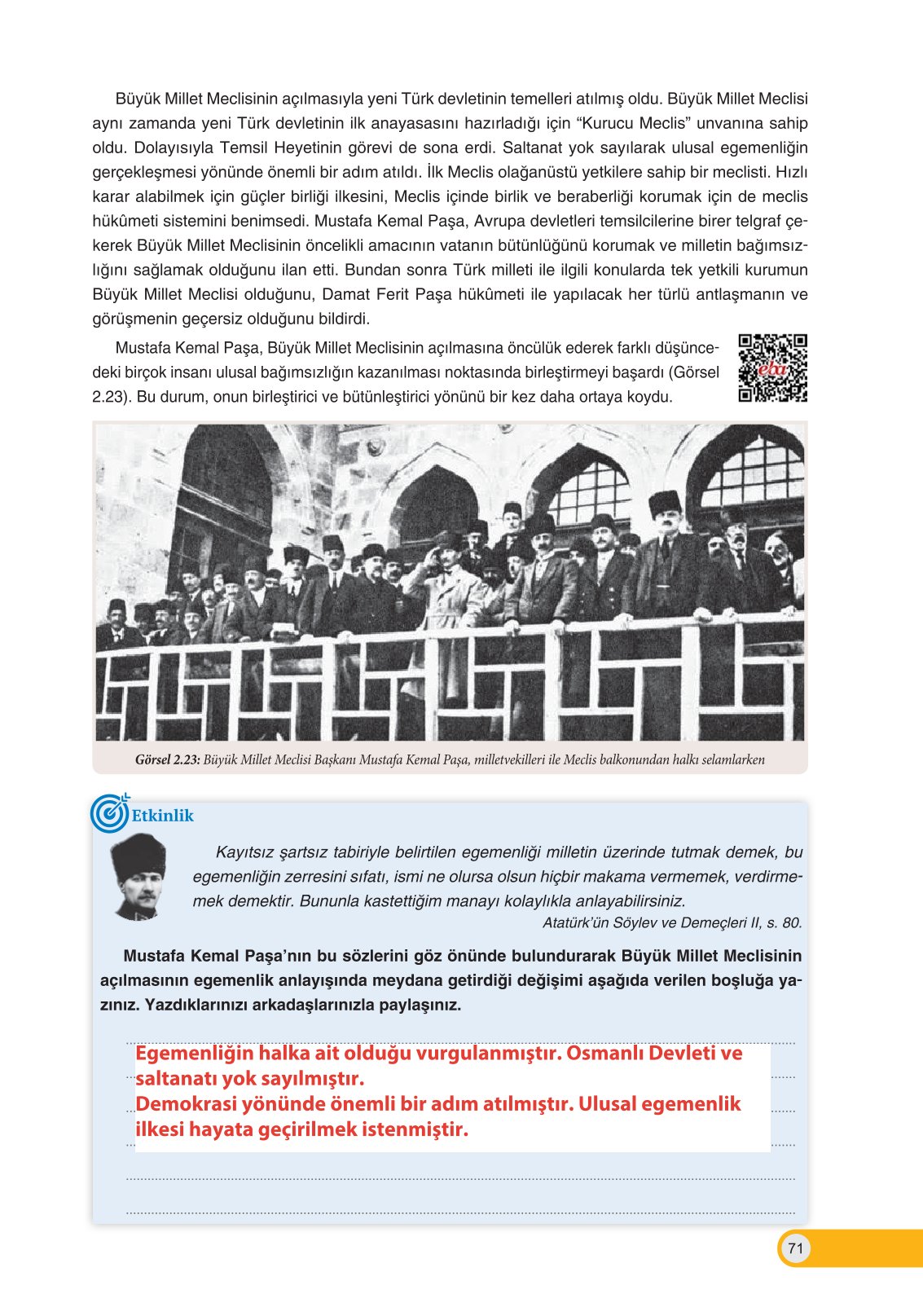 8. Sınıf İnkılap Tarihi Ve Atatürkçülük Ders Kitabı Ders Destek Yayınları Sayfa 71 Cevapları