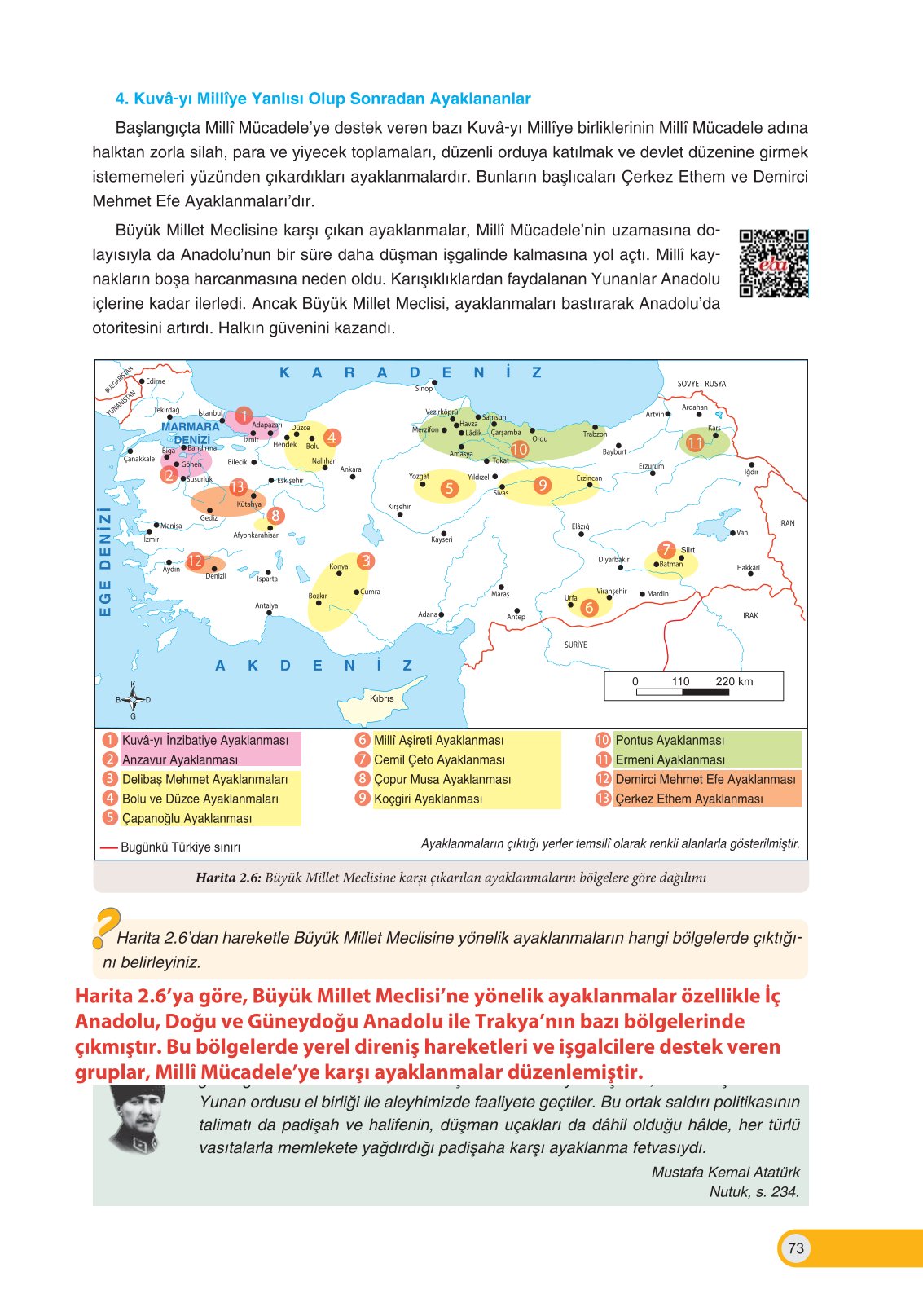 8. Sınıf İnkılap Tarihi Ve Atatürkçülük Ders Kitabı Ders Destek Yayınları Sayfa 73 Cevapları