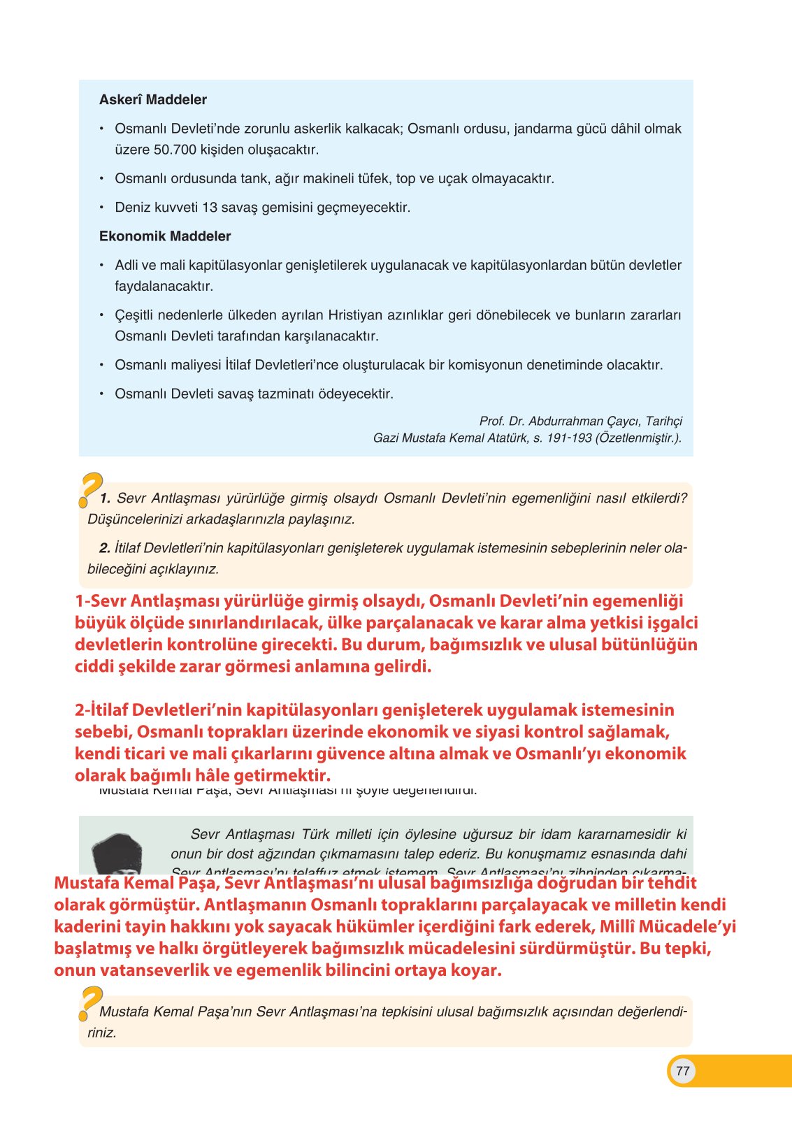 8. Sınıf İnkılap Tarihi Ve Atatürkçülük Ders Kitabı Ders Destek Yayınları Sayfa 77 Cevapları