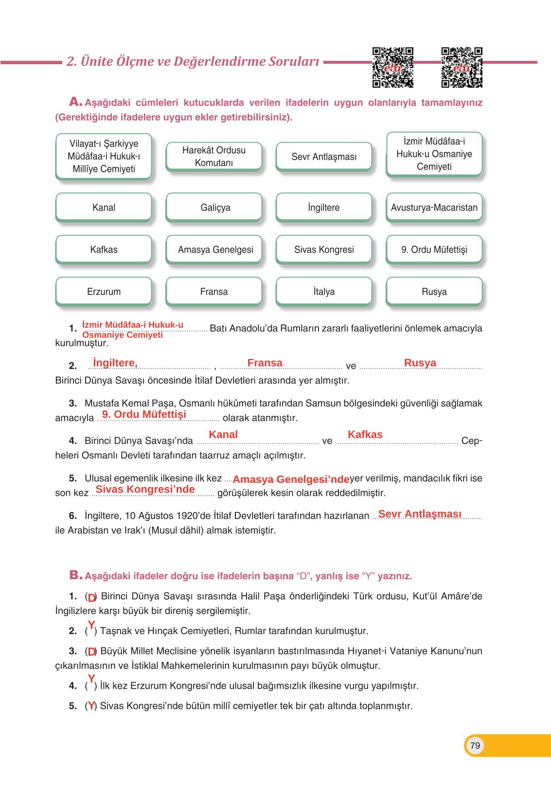 8. Sınıf İnkılap Tarihi Ve Atatürkçülük Ders Kitabı Ders Destek Yayınları Sayfa 79 Cevapları