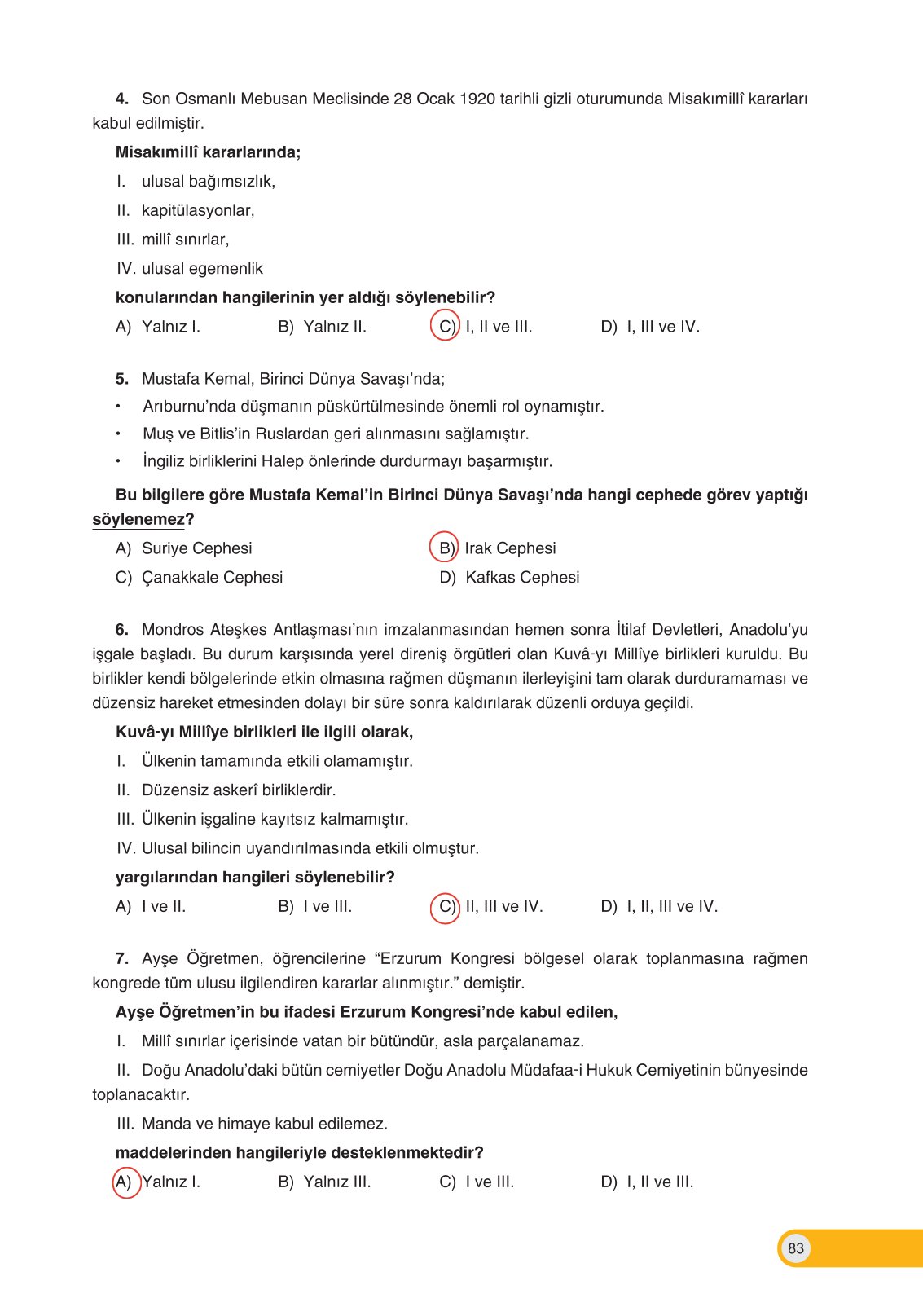 8. Sınıf İnkılap Tarihi Ve Atatürkçülük Ders Kitabı Ders Destek Yayınları Sayfa 83 Cevapları