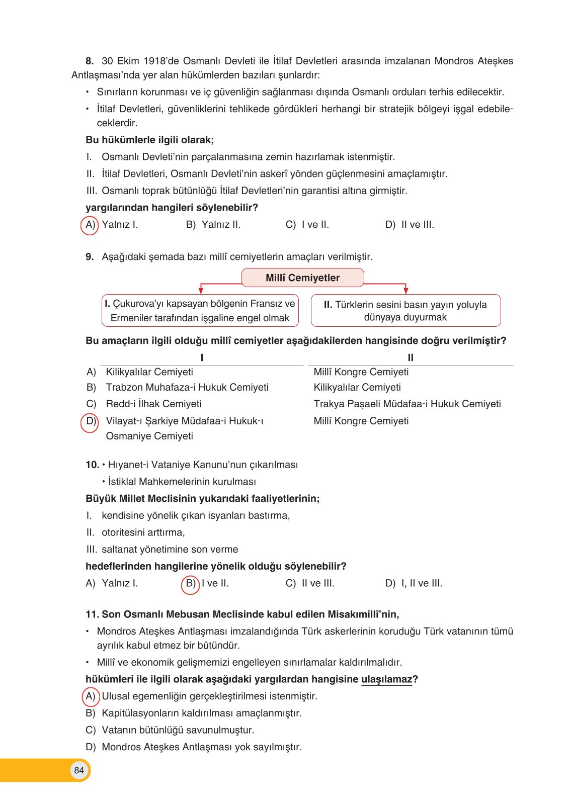 8. Sınıf İnkılap Tarihi Ve Atatürkçülük Ders Kitabı Ders Destek Yayınları Sayfa 84 Cevapları
