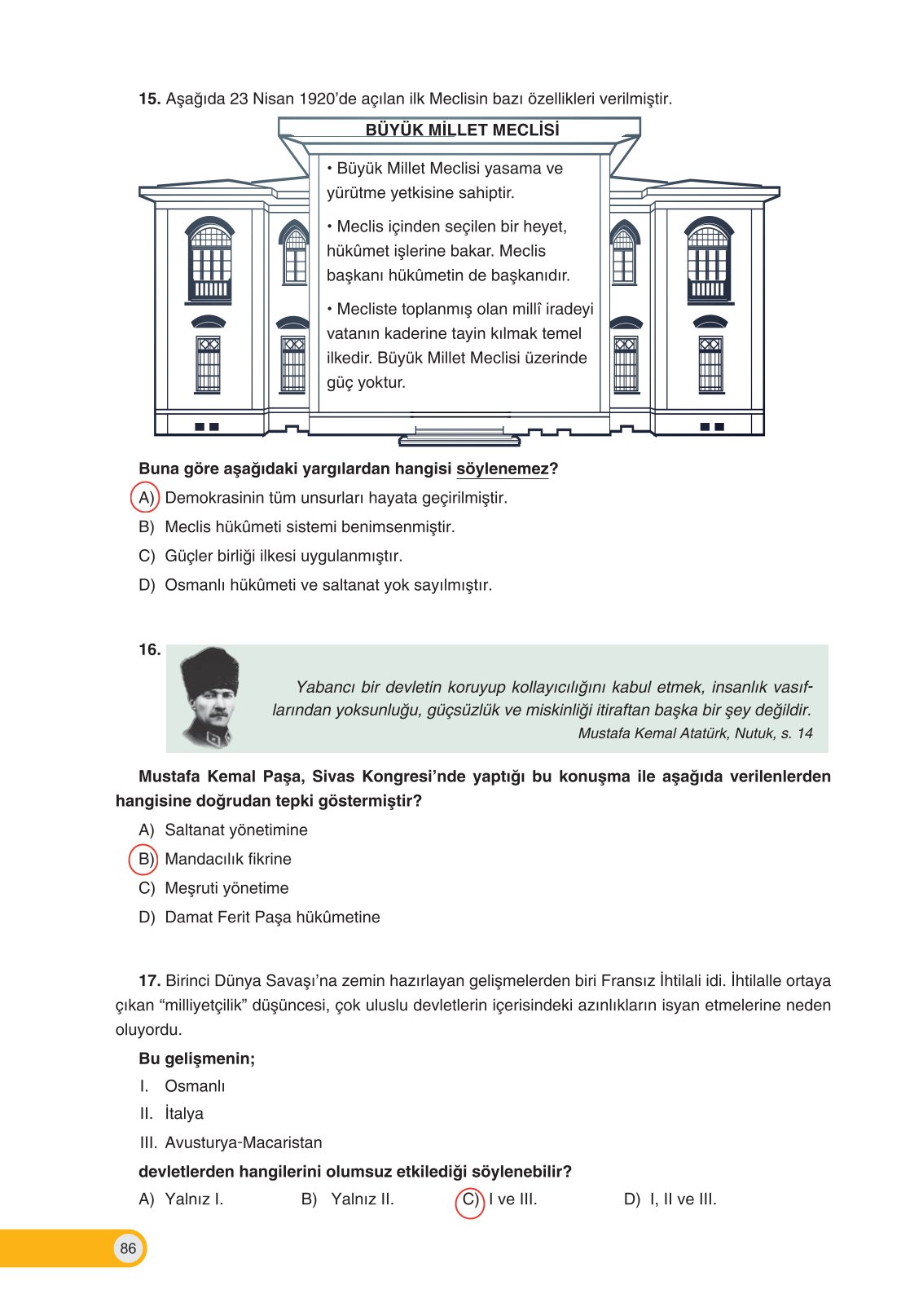 8. Sınıf İnkılap Tarihi Ve Atatürkçülük Ders Kitabı Ders Destek Yayınları Sayfa 86 Cevapları