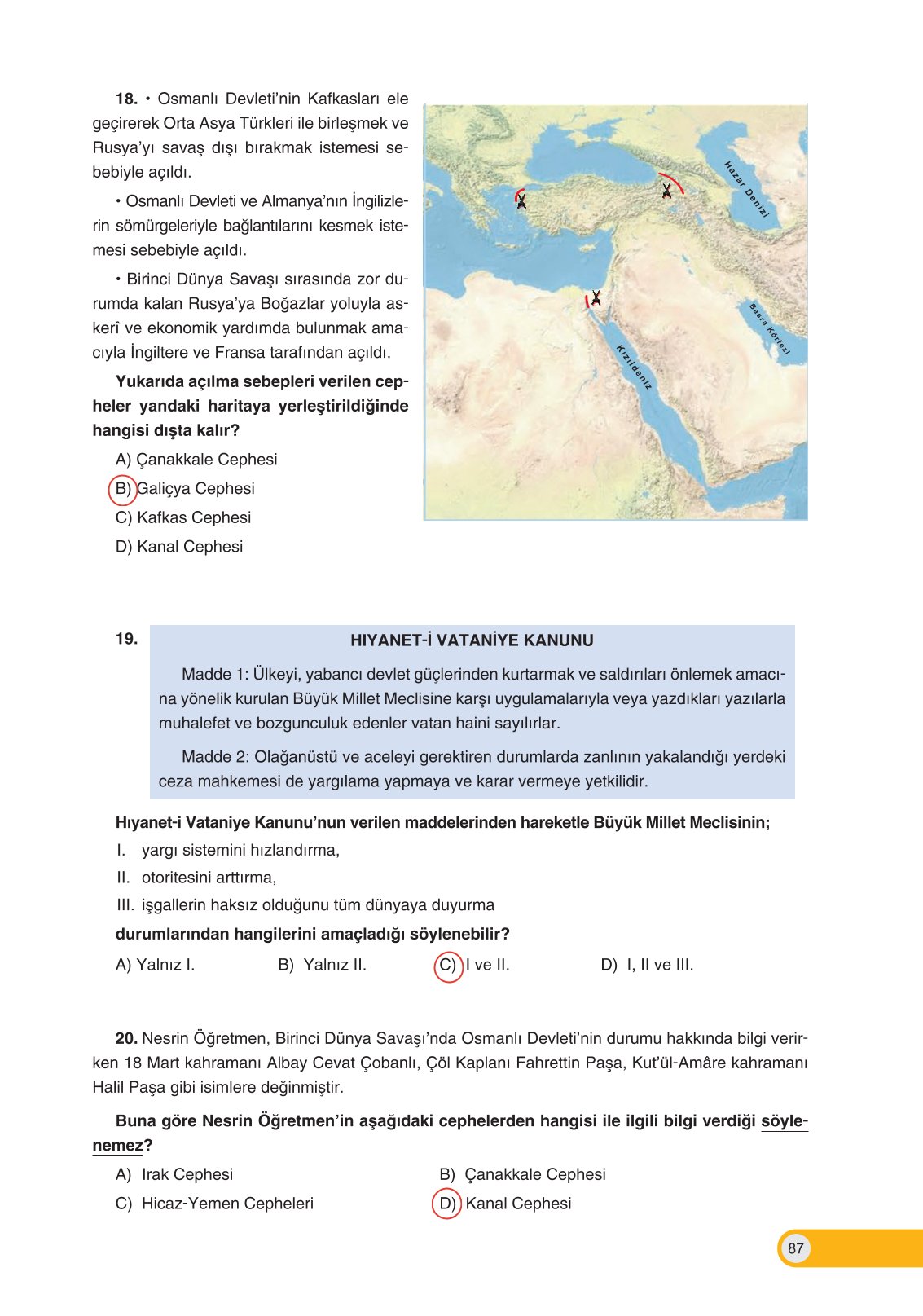 8. Sınıf İnkılap Tarihi Ve Atatürkçülük Ders Kitabı Ders Destek Yayınları Sayfa 87 Cevapları