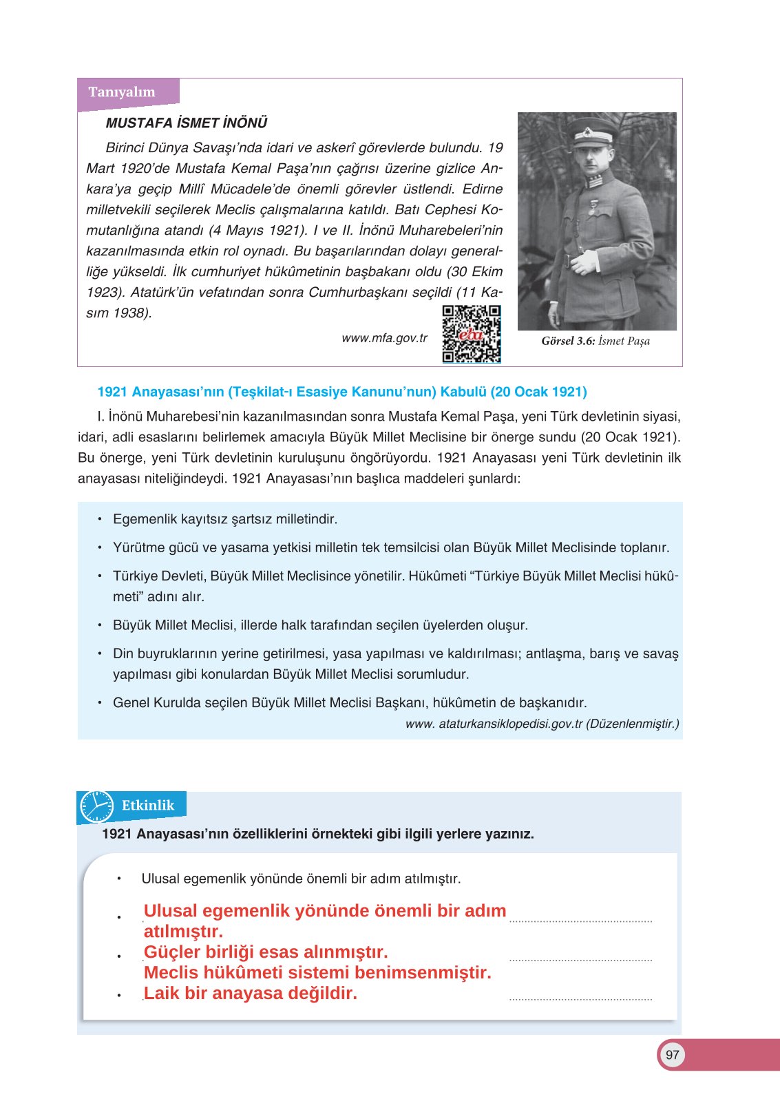 8. Sınıf İnkılap Tarihi Ve Atatürkçülük Ders Kitabı Ders Destek Yayınları Sayfa 97 Cevapları