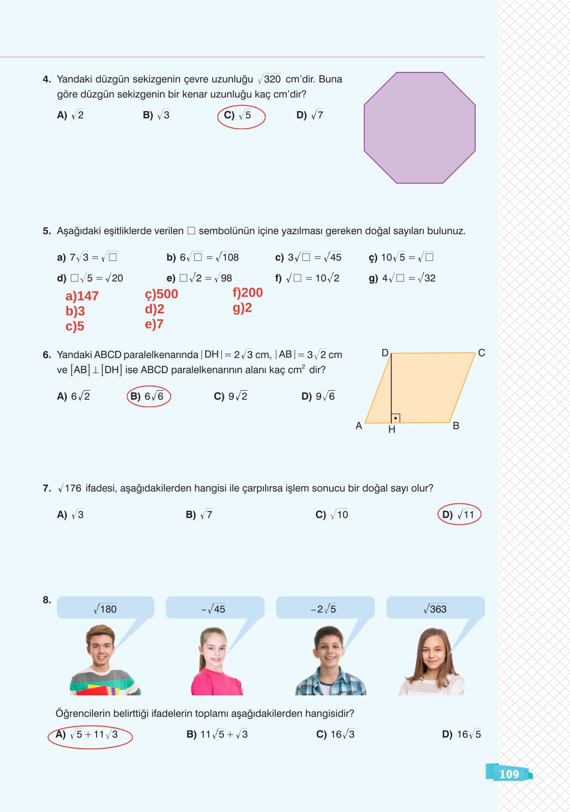 8. Sınıf Matematik Ders Kitabı Sonuç Yayınları Sayfa 109 Cevapları