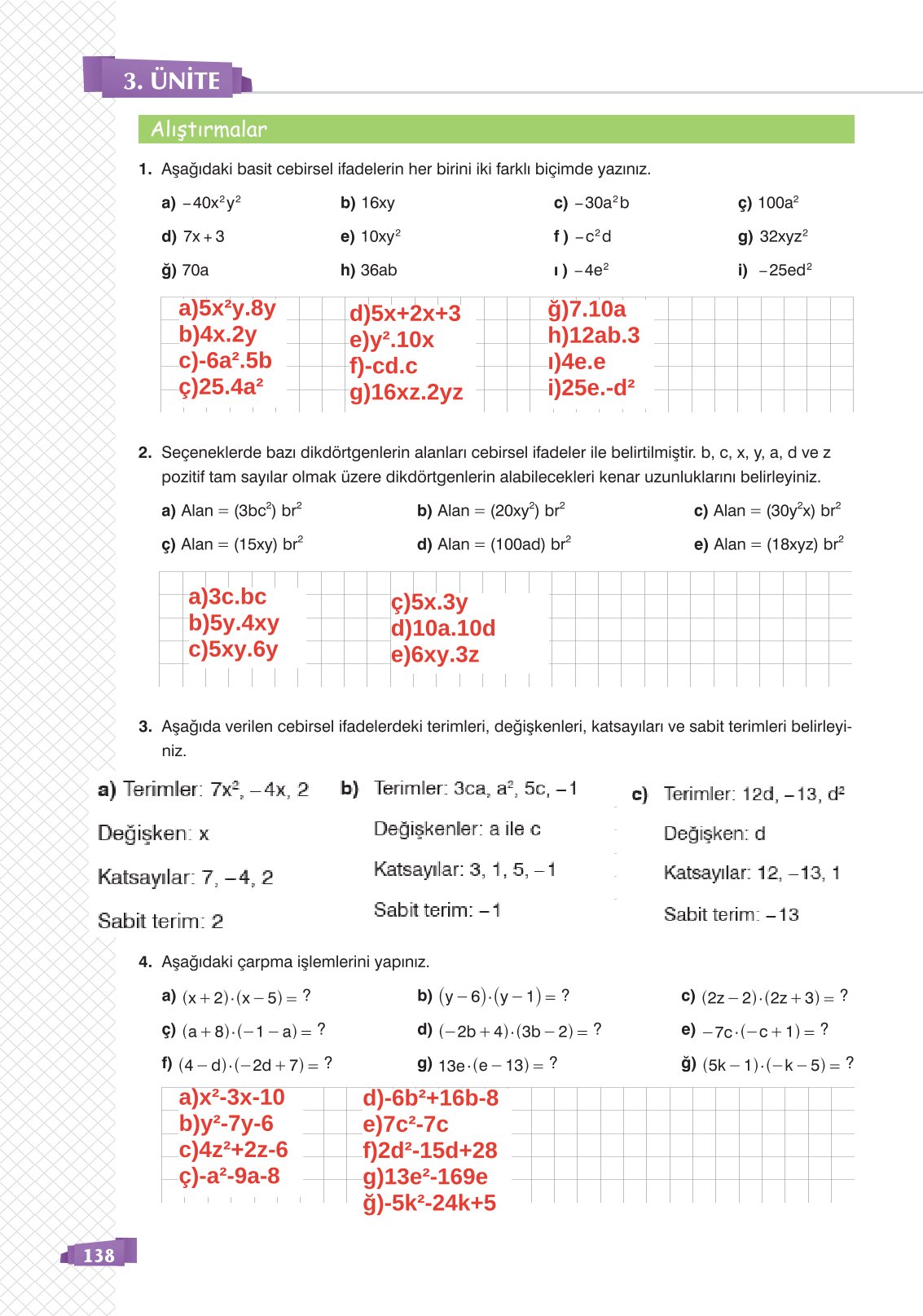8. Sınıf Matematik Ders Kitabı Sonuç Yayınları Sayfa 138 Cevapları
