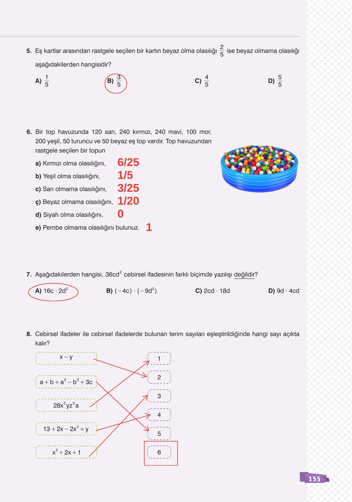 8. Sınıf Matematik Ders Kitabı Sonuç Yayınları Sayfa 155 Cevapları