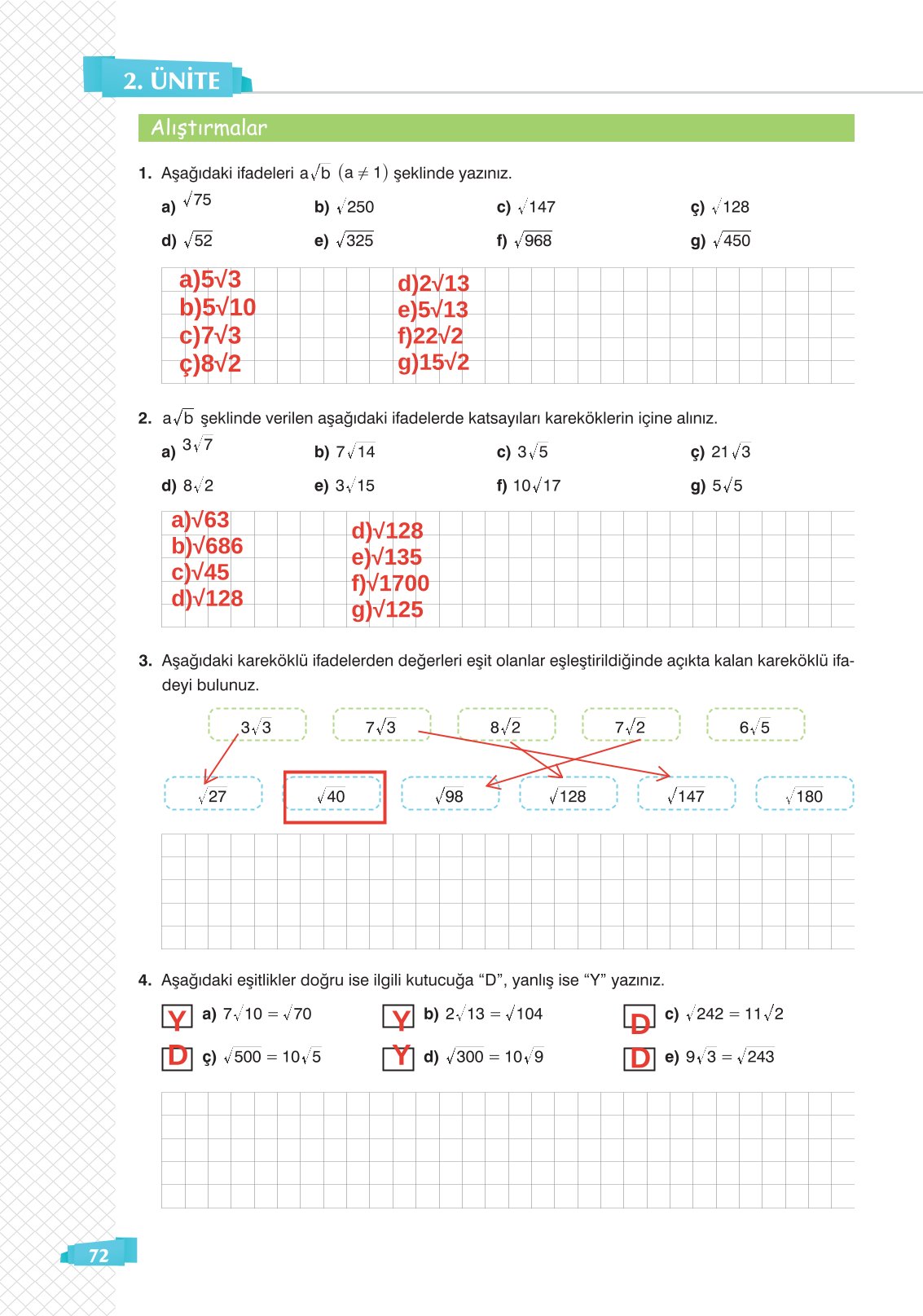 8. Sınıf Matematik Ders Kitabı Sonuç Yayınları Sayfa 72 Cevapları